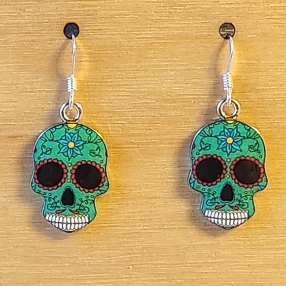 Sugar Skull Earrings on Sterling Silver French Earwires - Picture 1 of 6